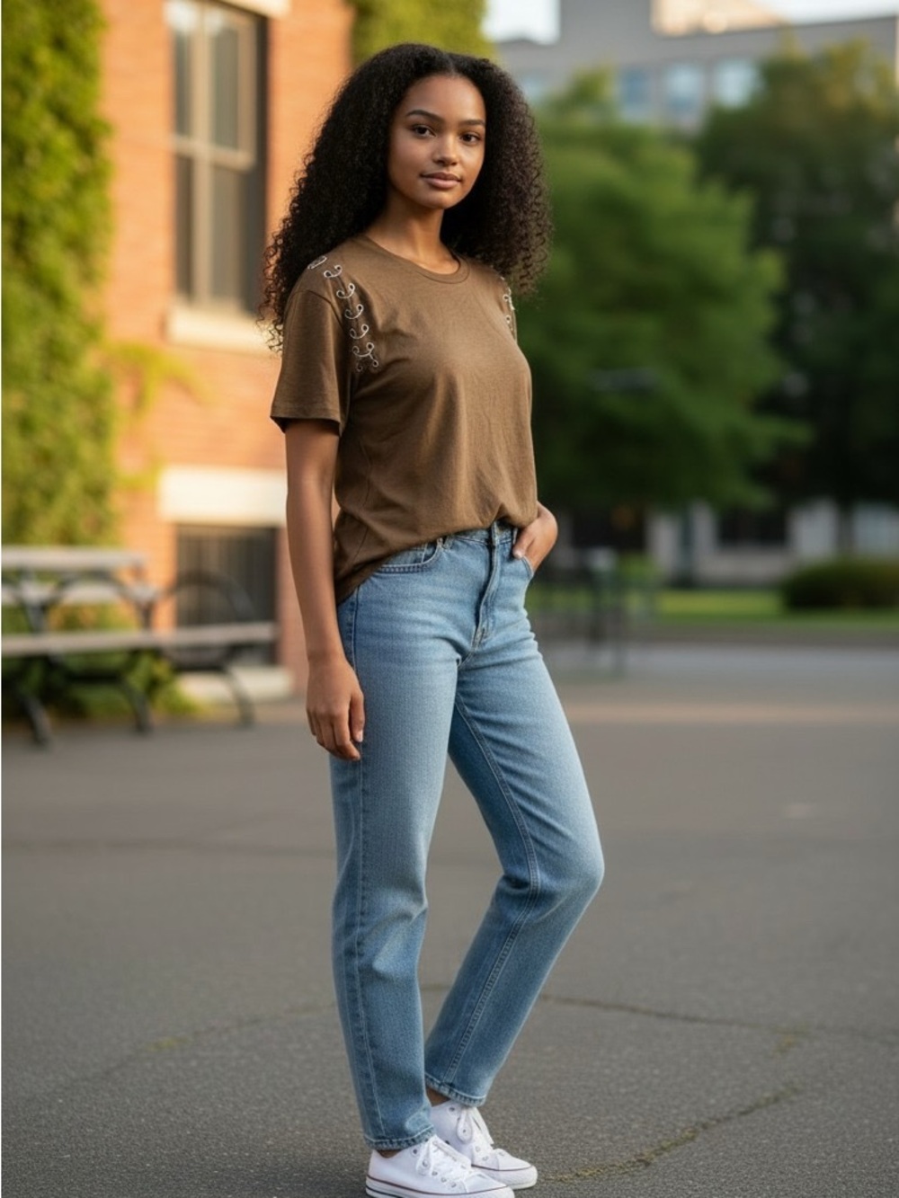 *New With Tags* Very J Olive Brown Short Sleeve Tee with Grommet Shoulder Detail